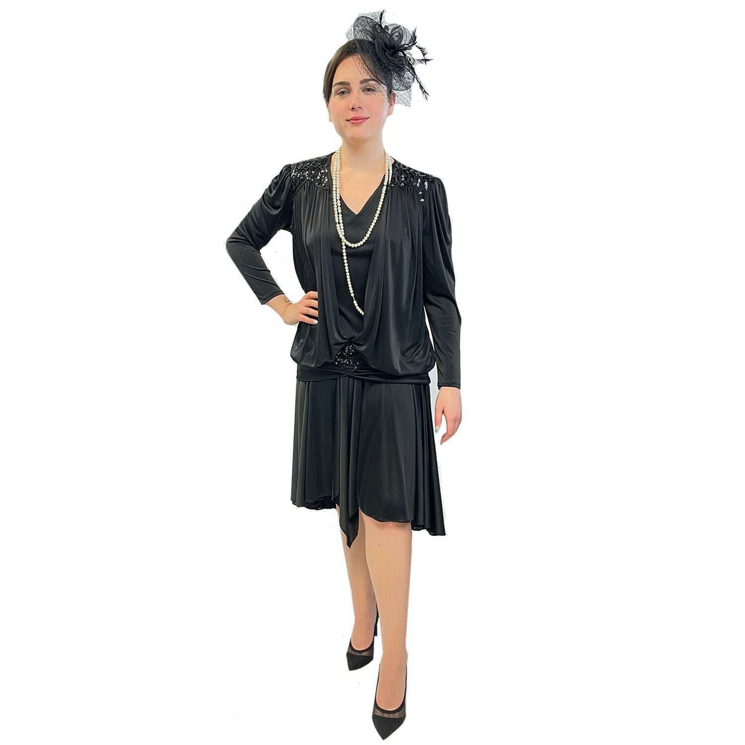 black sequin 1920s dress 1920s Black Beaded Sequin Stella Flapper Dress