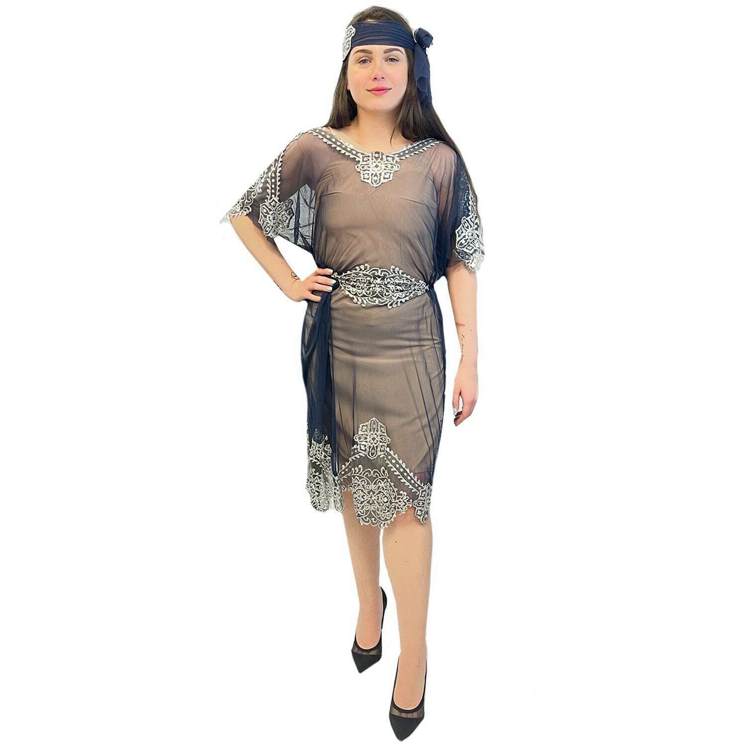1920s Blue Sheer Sequin Dress & Headband Women's Costume AbracadabraNYC 1920s Blue Sheer Sequin Dress & Headband Women's Costume AbracadabraNYC
