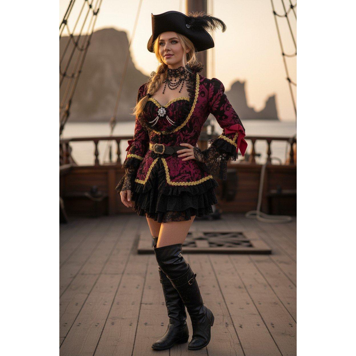 Women's Victorian Pirate Three Piece Set with Jacket, Corset & Skirt Red / Large