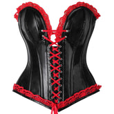 Top Drawer Black Faux Leather & Red Lace Trim Steel Boned Corset