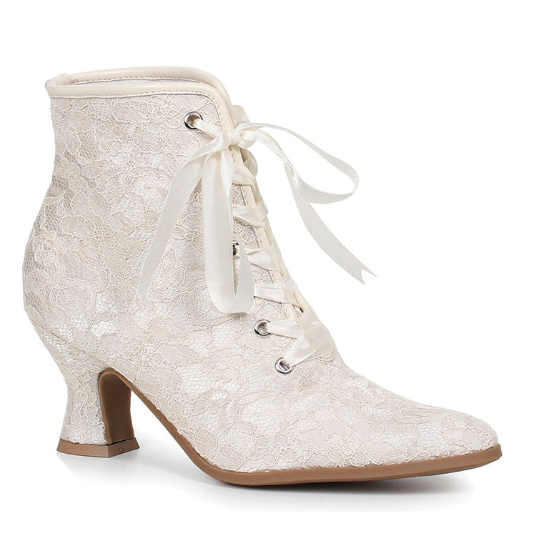 2.5" Chunky Heel White Lace Women's Boots