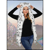 White and Black Snow Leopard Faux Fur Ear Hooded Scarf
