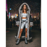 Full Sequin Metallic Shine Coat with Faux Fur Trim