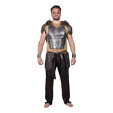 Person wearing a detailed armor costume on a white background