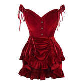 Top Drawer Dark Red Velvet Steel Boned Corset & Skirt Set