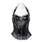 Black Pleather Lace Halter Corset