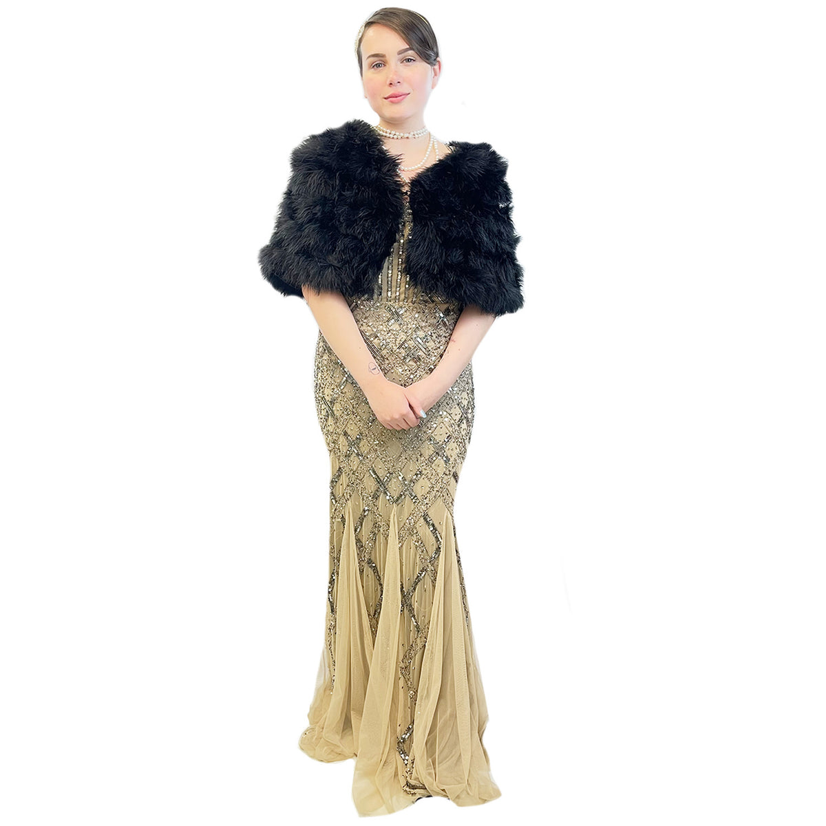 1920s Beige Beaded Evening Gown Women's Costume w/ Pearls and Headpiece