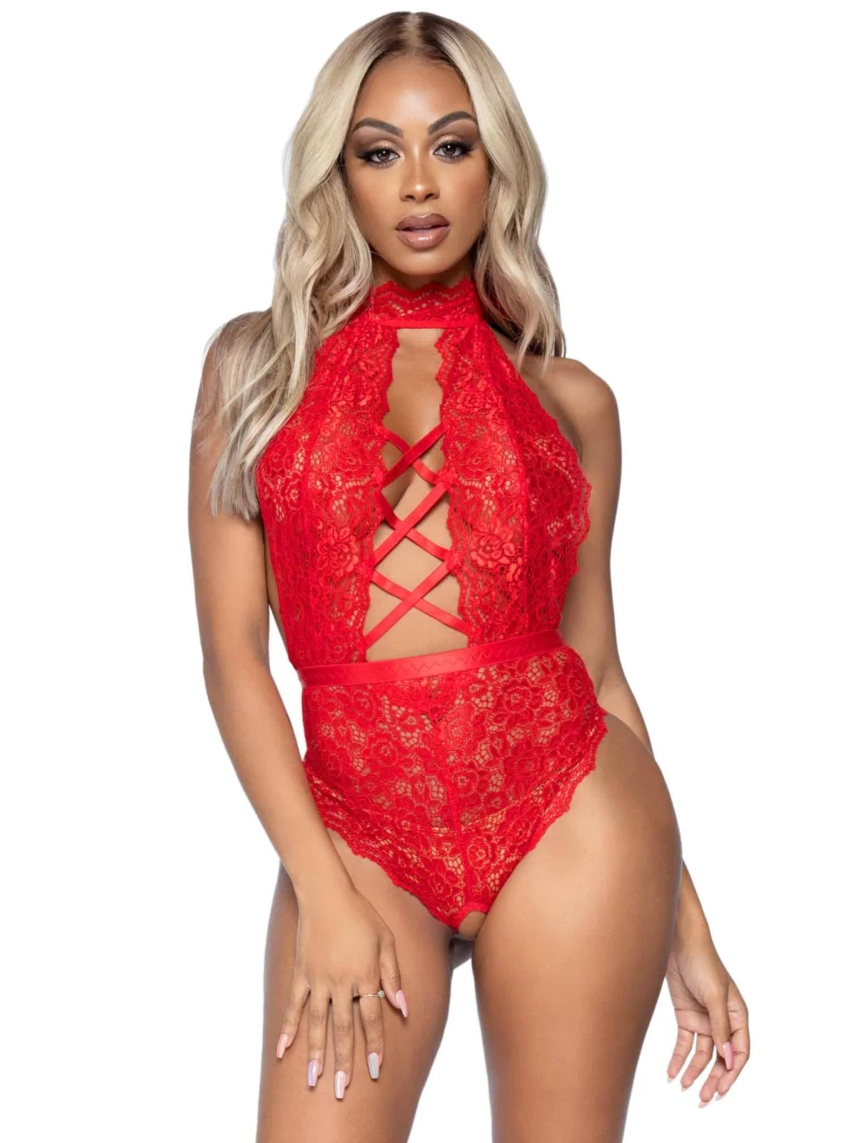 Strappy Lace Crotchless Teddy –