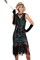 1920s Women Green and Black Beaded Flapper Dress Adult Costume