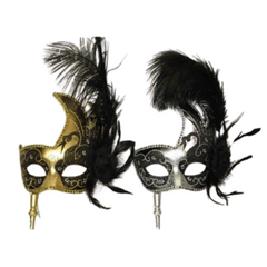 Asymmetrical Venetian Style Mask with Stick and Feathers