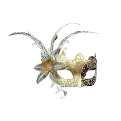 White/Gold Venetian Mask with Metal Laser Cut Flower