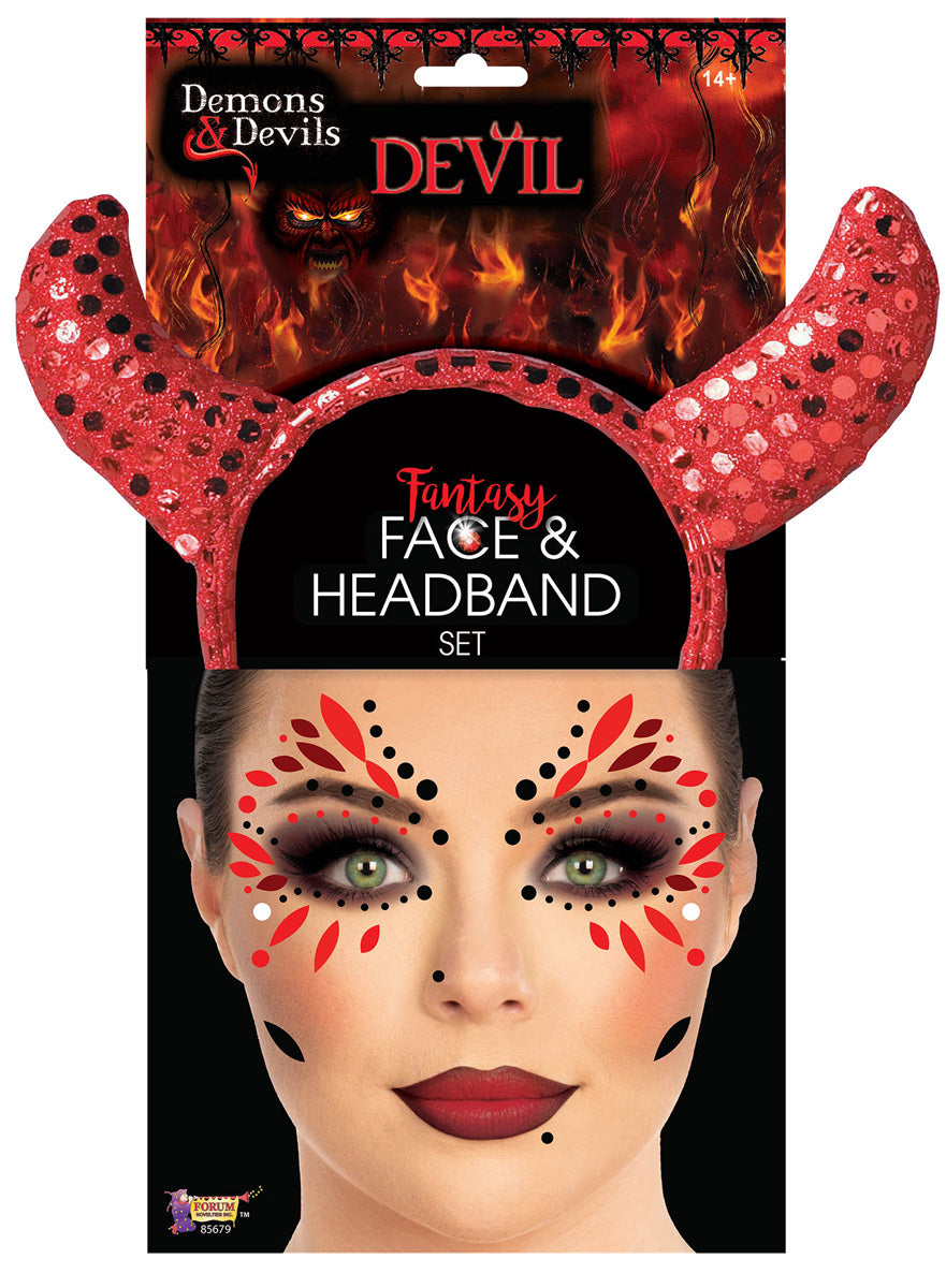 Red Sequin Devil Horn Headband & Face Stickers