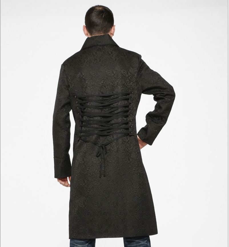 Black Brocade Men's Long Collared Coat