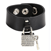 Rhinestone Lock Black Leather Snap Bracelet
