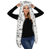 White and Black Snow Leopard Faux Fur Ear Hooded Scarf
