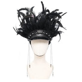 Festival Feathered Black Leather Hat with Chain Tassels