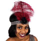 Black Flapper Headband with Burgundy Ostrich Feather