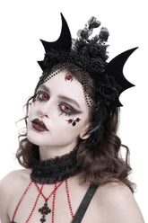 Victorian Gothic Headband with Bat Wings and Roses