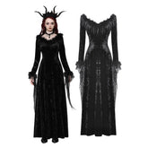 Black Velvet Long Feather Trim Dress