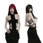 Unholy Black Spike Studded Strappy Cross Halter Top