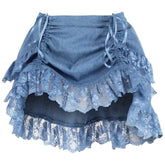 Blue Denim Ruched Lace Bustle Skirt