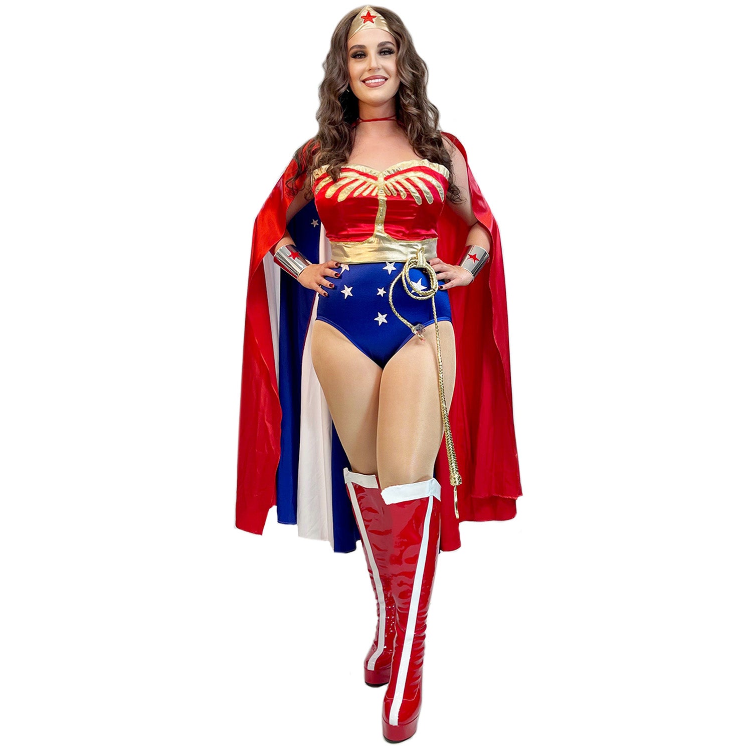 Wonder Woman Inspired Adult Costume w/ Cape, Gold Crown, Lasso, and Cu
