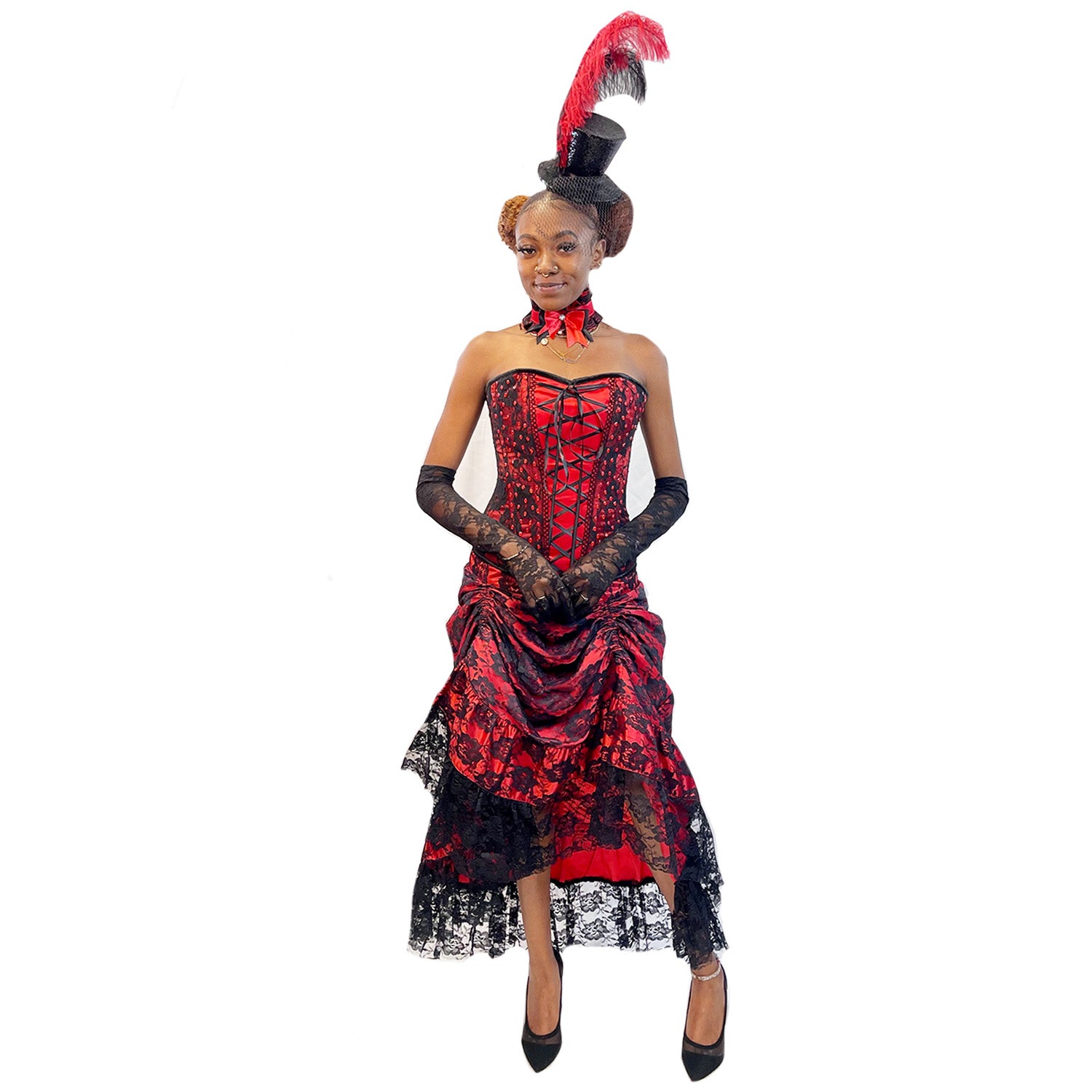 Red/Black Sequin and Lace Feather Burlesque Costume — Fantasy Masquerades
