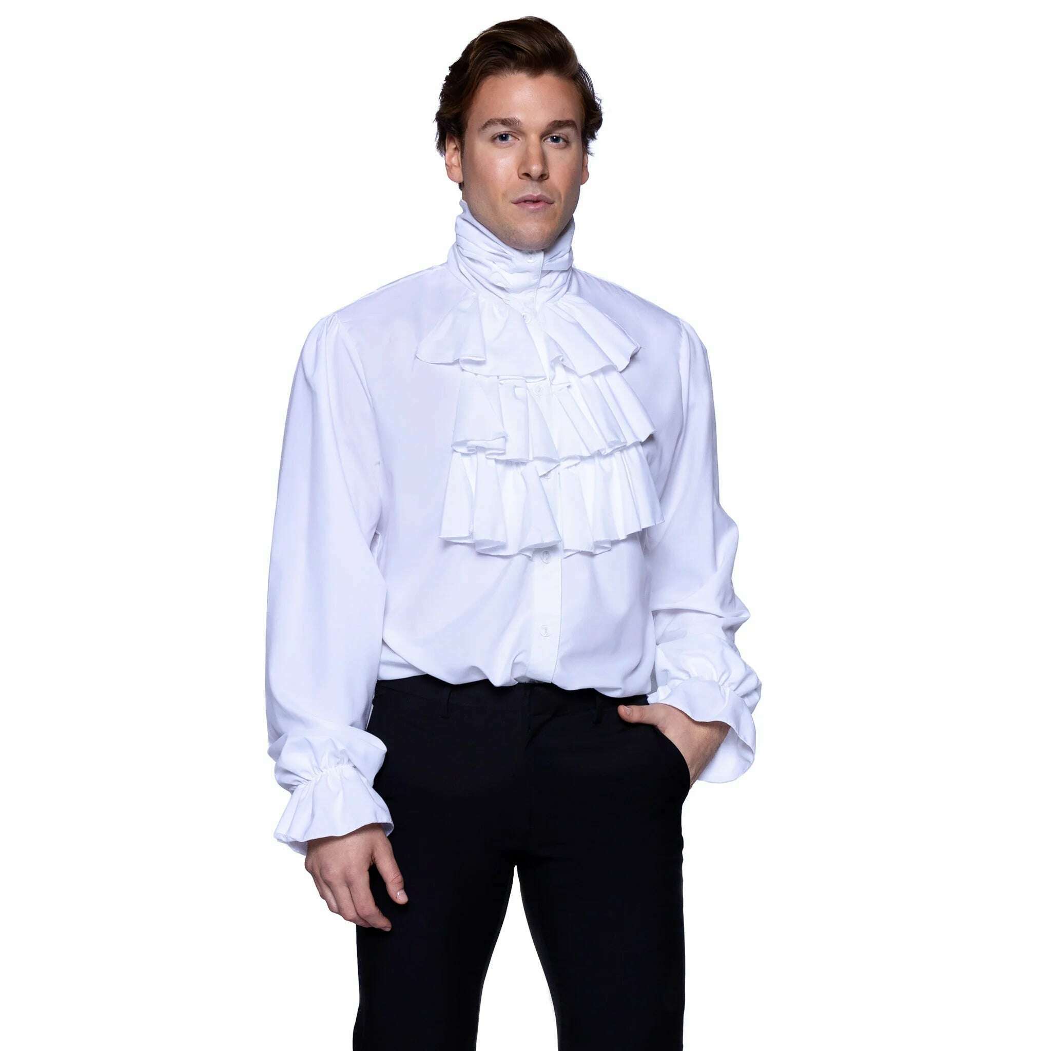 white dress shirt with middle frill design men Leg Avenue Men's Ruffled Renaissance Shirt, White, XL