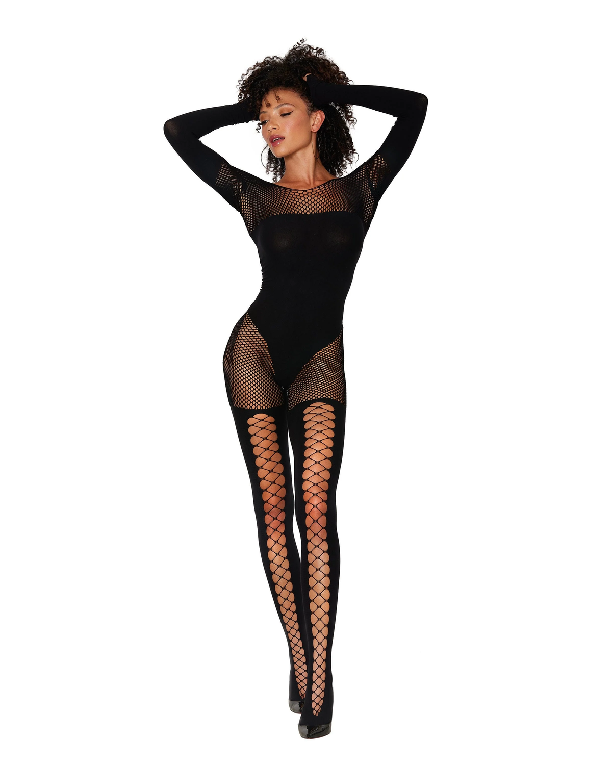 Seamless Opaque Fishnet Bodystocking w/ Knitted Opaque Teddy Design