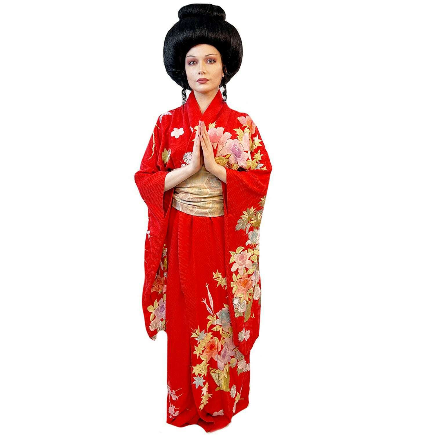 Red Authentic Vintage Japanese Kimono & Obi Adult Costume Buy / X-Large