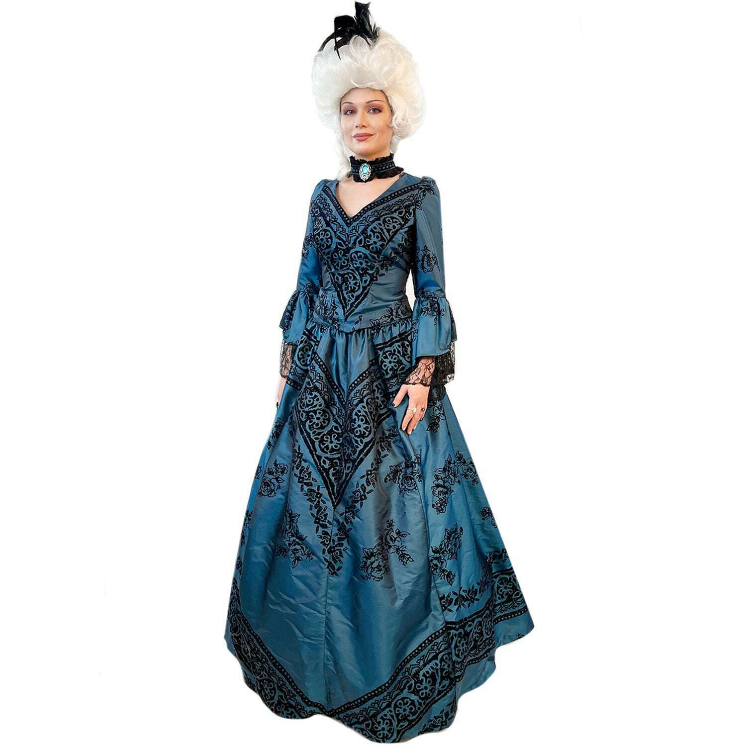 blue colonial dress Premiere High Class Dark Blue Colonial Dress with Front Corset Adult Costume Rent / Medium