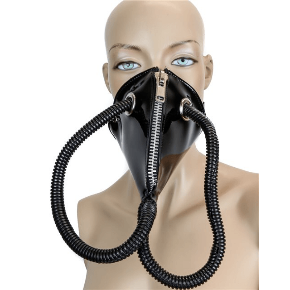 Patent Leather Dog Face Zipper Mask with Tube