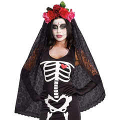 Day of The Dead Black Floral Lace Veil Headpiece