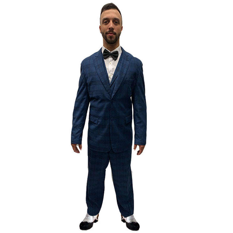 1920s Blue Plaid Suit Men's Costume w/ Black Bow Tie