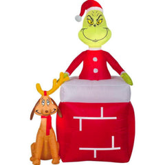 Grinch Out of Chimney with Max Airblown Christmas Yard Decor