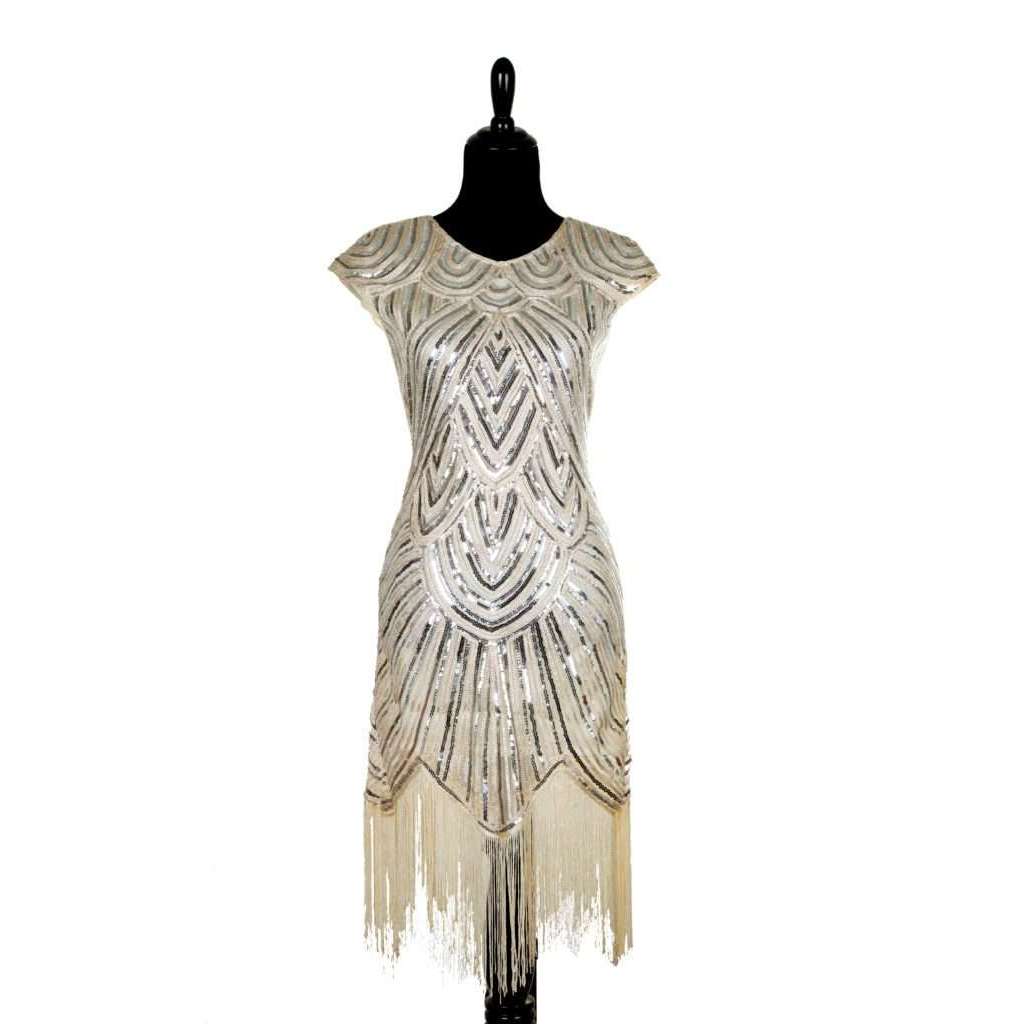 Dazzling Beige Silver Beaded Flapper Fringe Dress Small Dazzling Beige Silver Beaded Flapper Fringe Dress Small