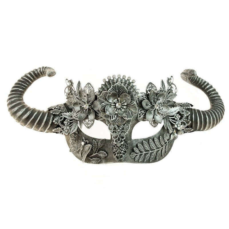Silver Vintage Mask with Horns & Flowers