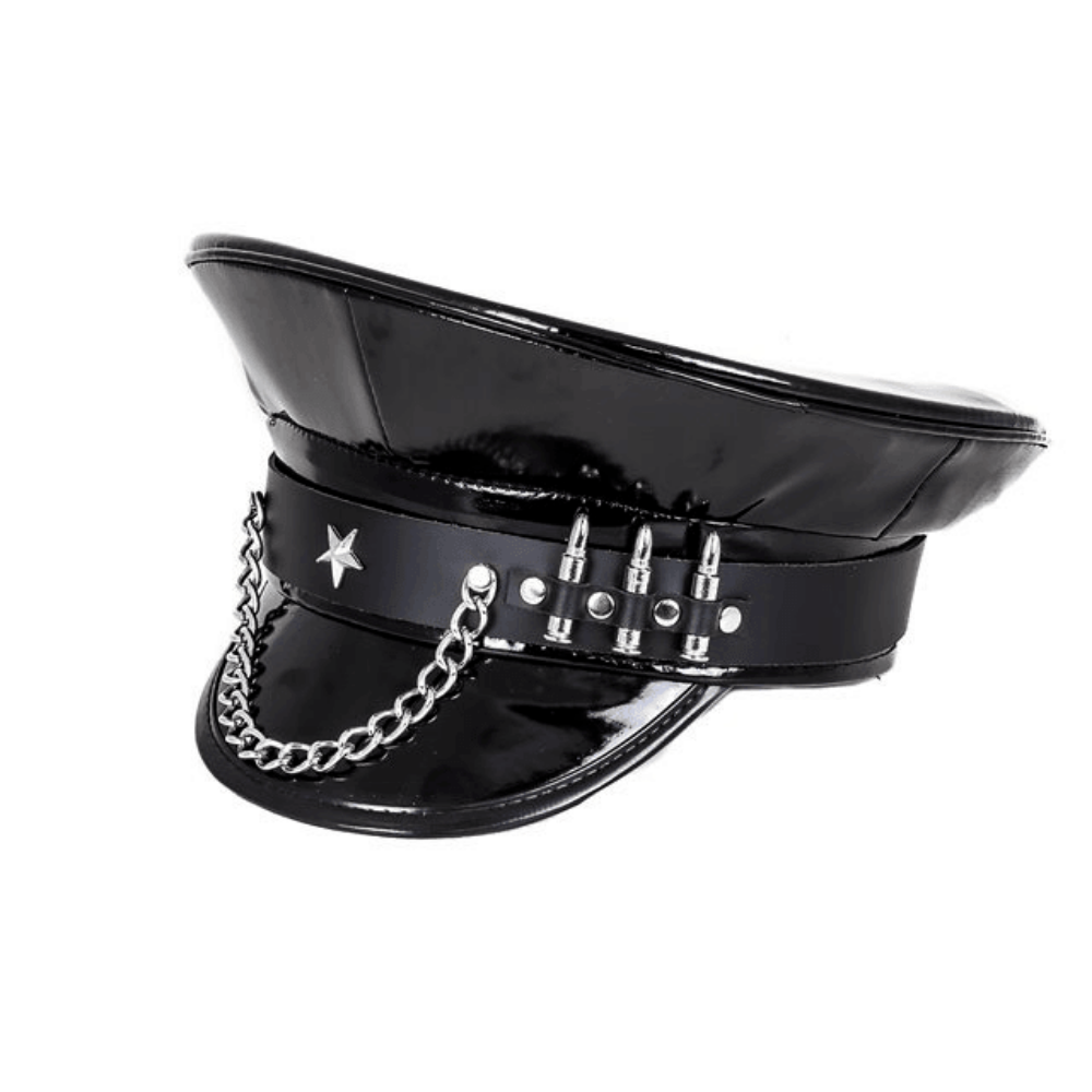 Patent Black Bullet, Star and Chain Police Hat