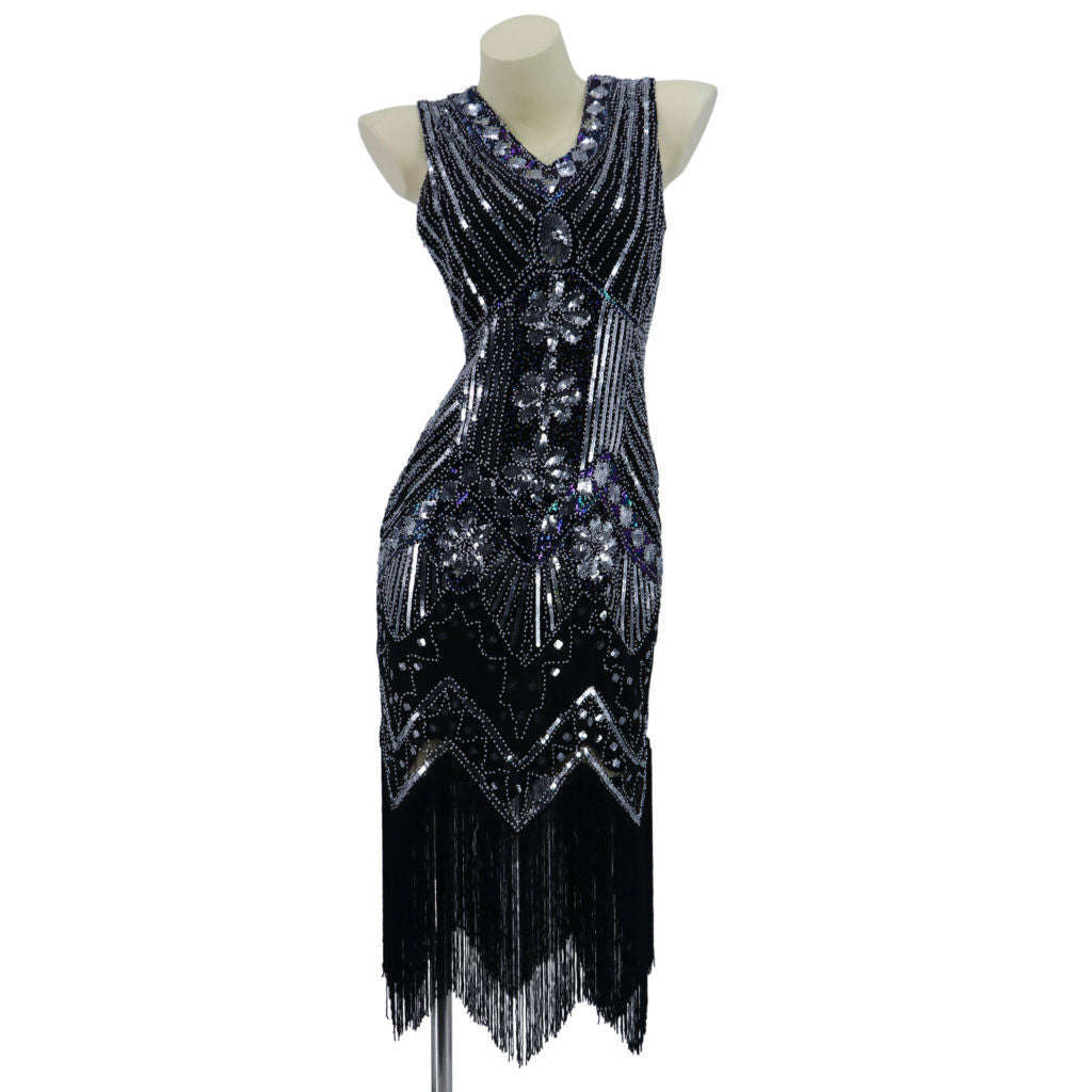 Art Deco Silver Flapper Dress with Fringe