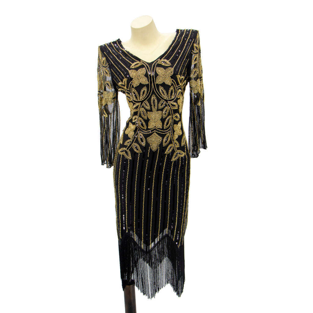 Black & Gold Art Deco Long Sleeve Flapper Dress Medium Black & Gold Art Deco Long Sleeve Flapper Dress Medium