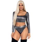 Shimmer Spandex Long Sleeve Crop Top & High Waist Thong Set