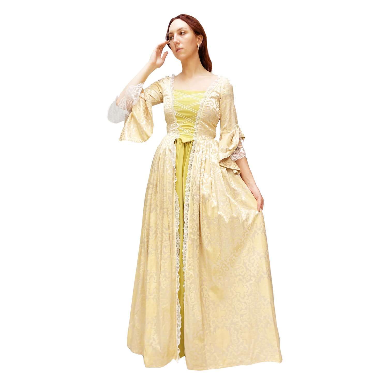 colonial ladies dress Navy Floral Jacquard Renaissance Victorian Prairie Women Civil War Ball Gown Theater Costume What was Goody Tailor thinking wearing scarlet to Sunday services Let's Make Colonial Costumes for