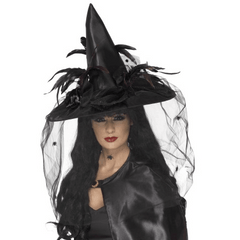Black Feathers & Netted Spider Veil Witch Hat