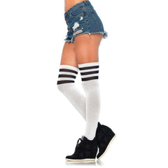 White & Black Athletic Thigh High Socks w/ 3 Stripes