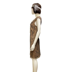 1920's Short Tan Hematite Beaded Flapper Dress & Headpiece