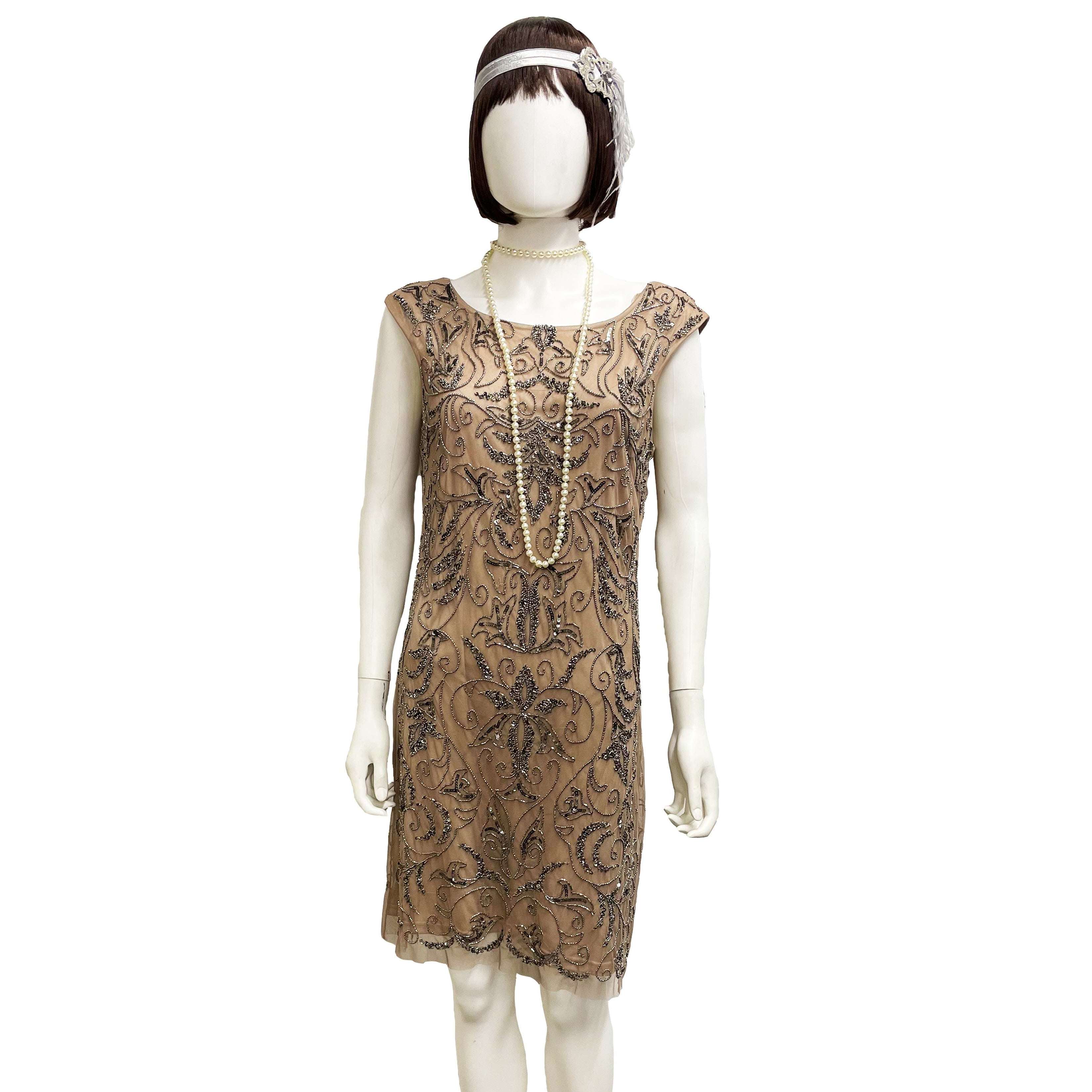 1920's Short Tan Hematite Beaded Flapper Dress & Headpiece Buy / Medium 1920's Short Tan Hematite Beaded Flapper Dress & Headpiece Buy / Medium