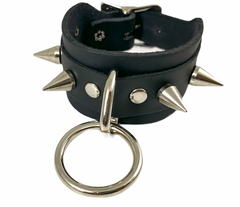 Black Leather Buckle Bracelet with Cone Spike and O-Ring