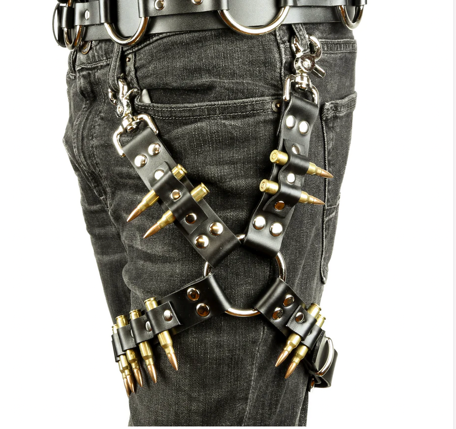 Brass Bullet Black Leather Leg Harness