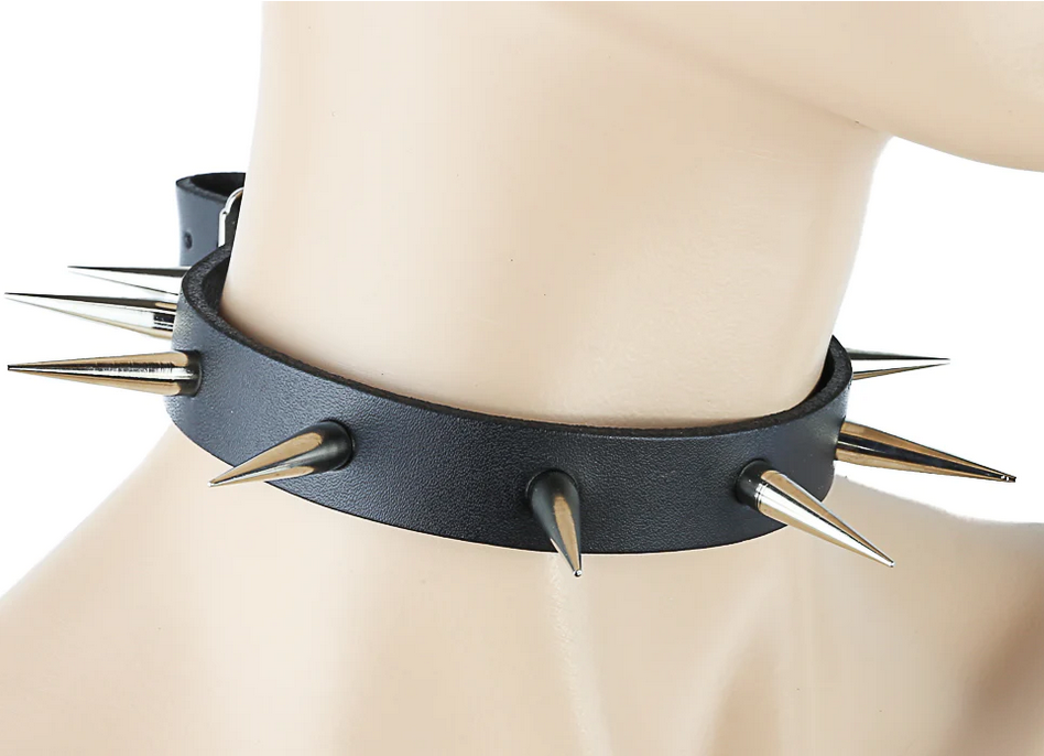 1" Black Leather Choker With One Row Slim and Tall Spikes