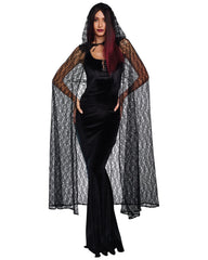 Black Gothic Lace Adult Cape w/ Ribbon Front & Hood